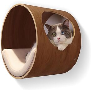 Cat Wall Shelves Round for Large Cat Bed Shelf with Cushion Wall Mounted Cat Condo Cat Perch Wooden Cat Wall Furniture 16.1"x11.8"x16.1", Support to 50 LBS(Right Opening,Oak)