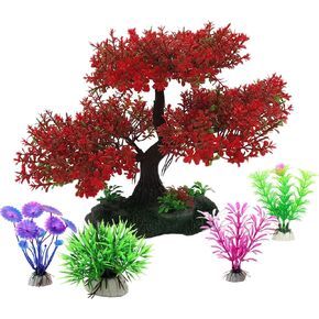 Aquarium Artificial Plastic Large Plants Decorations, 5pcs Cherry Blossom Tree & Grass Aquarium Decor, Goldfish Tank Decorations Set, Fish Tank Hides Simulation Tree Decoration Kit (Red)
