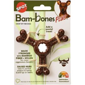 SPOT Bam-bones PLUS Triple Chew - Bamboo Fiber & Nylon, Durable Long Lasting Dog Toy for Aggressive Chewers – Great for Adult Dogs & Teething Puppies under 30lbs, Non-Splintering, 4in, Bison Flavor
