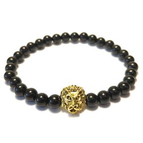Black Onyx Goth Lion Head Stretch Bead Charm Bracelet Gift Boxed Genuine Gemstone 6mm