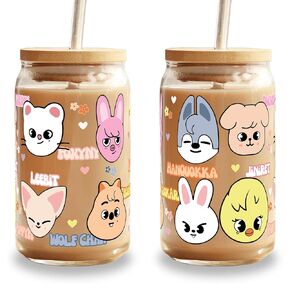 Sip Sip Hooray Cute Strawberry Cartoon Y2K 16oz Glass Can Cup with Lid and Straw, Valentine's Day Glass, Valentine's Day Cup, Anime,Retro,Iced Coffee Glass