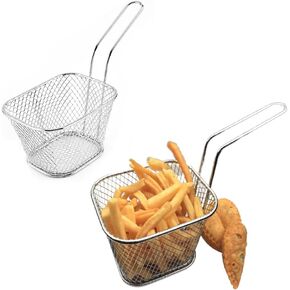 2/4/8/12 Pieces Fries Basket, Mini Square French Fry Chip Holder Food Snack Baskets For Serving, Stainless Steel Fry Basket with Handle Kitchen Restaurant (4PCS, Silver)