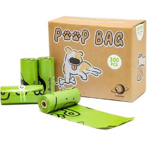 Xcdhemde® 300 Ct Dog Poop Bags, Unscented Easy to Carry Dog Poop Bags Rolls, Leak-Proof Doggy Poop Bags, Polyethylene(PET) + Corn Starch-Poop Bags for Dogs, Kraft Carton Packaging Poop Bags, Green