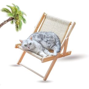 Cat Hammock, Cat Furniture, Mini Beach Chair for Cat, Relaxation Cat Bed with Durable and Non-Shedding Sisal Scratcher, Wood Cat Chair for Indoor Cats (Brown, Sisal Scratcher)