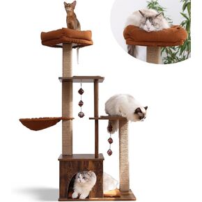 FUKUMARU Cat Tree, 4 in 1 Large Modern Cats Tower with Jute Scratching Post and Hammock, Wood Cat Condo with silvervine balls, Cat Climber Stand Playhouse for Indoor Cats, Retro Style