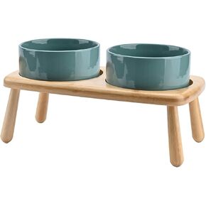 SPUNKYJUNKY Raised Dog Bowls Ceramic Dog Bowls Elevated with Non-Slip Wooden Stand Dog Food Water Bowls for Puppy Small Medium Dogs(Double 28OZ Bowls,Cream White)