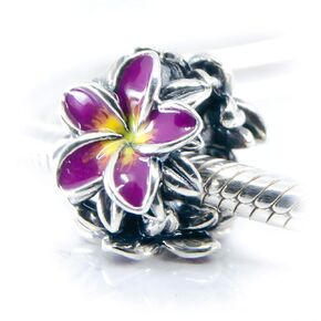 Purple Tropical Flower Plumeria Frangipani Flower Sterling Silver Charm Bead S925, Hawaiian tropical Flower Bead, Blooming Tropical flower, Enamel Flower Purple Jewellery, Pandora bracelet compatible