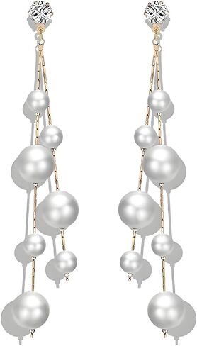 Handmade Pearl Earrings for Women Dainty Long White Cultured Baroque Pearl Earrings Wedding Bridal Earrings Statement Ball Chain Tassel Jewelry for Brides Bridesmaids (Many Pearl) in Saudi Arabia