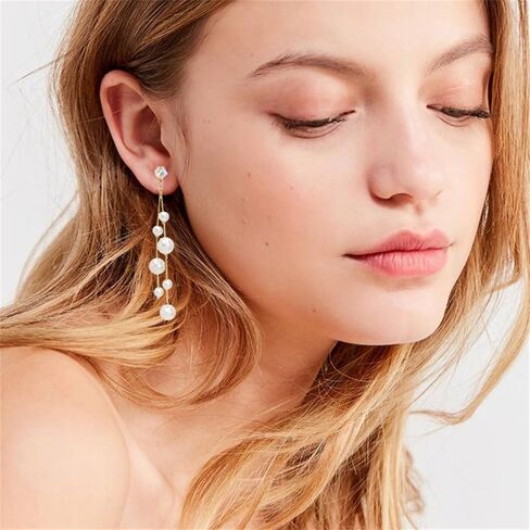 Handmade Pearl Earrings for Women Dainty Long White Cultured Baroque Pearl Earrings Wedding Bridal Earrings Statement Ball Chain Tassel Jewelry for Brides Bridesmaids (Many Pearl) in Saudi Arabia