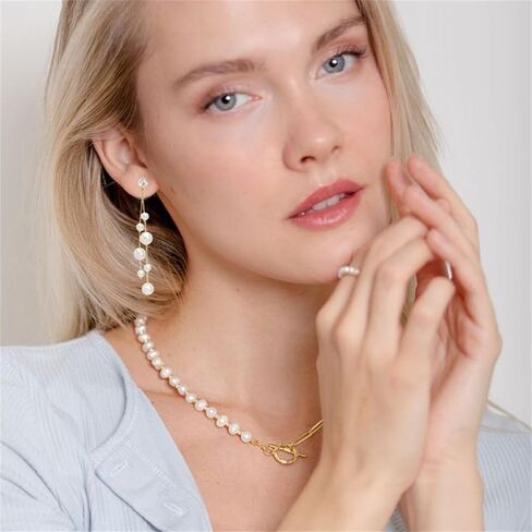 Handmade Pearl Earrings for Women Dainty Long White Cultured Baroque Pearl Earrings Wedding Bridal Earrings Statement Ball Chain Tassel Jewelry for Brides Bridesmaids (Many Pearl) in Saudi Arabia