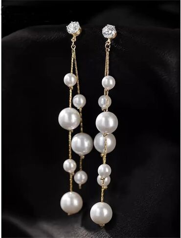 Handmade Pearl Earrings for Women Dainty Long White Cultured Baroque Pearl Earrings Wedding Bridal Earrings Statement Ball Chain Tassel Jewelry for Brides Bridesmaids (Many Pearl) in Saudi Arabia