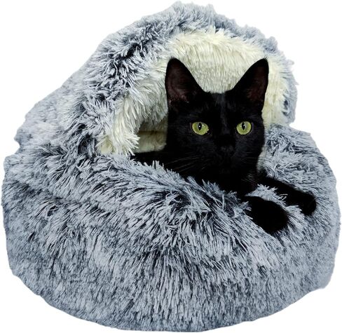 Cat & Dog Cave Bed - Plush Round Dog Beds for Small Breeds & Indoor Cats - Calming Hooded Cocoon with Cozy Donut Design - Machine-Washable & Easy to Clean - Non-Slip Bottom - (20×20inch, Grey) in Saudi Arabia