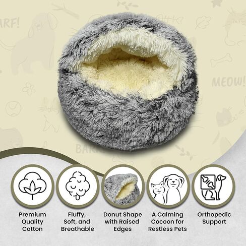 Cat & Dog Cave Bed - Plush Round Dog Beds for Small Breeds & Indoor Cats - Calming Hooded Cocoon with Cozy Donut Design - Machine-Washable & Easy to Clean - Non-Slip Bottom - (20×20inch, Grey) in Saudi Arabia