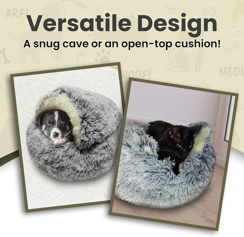 Cat & Dog Cave Bed - Plush Round Dog Beds for Small Breeds & Indoor Cats - Calming Hooded Cocoon with Cozy Donut Design - Machine-Washable & Easy to Clean - Non-Slip Bottom - (20×20inch, Grey) in Saudi Arabia