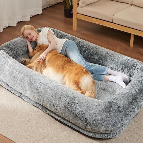 Human Dog Bed for Adult - Human Size Dog Bed for People with 320 GSM Luxurious Fluffy Faux Fur Cover, Giant Dog Bed for Humans Bean Bag Bed with 40D Orthopedic Memory Foam, (Large, Black) in Saudi Arabia