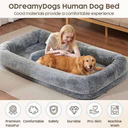 Human Dog Bed for Adult - Human Size Dog Bed for People with 320 GSM Luxurious Fluffy Faux Fur Cover, Giant Dog Bed for Humans Bean Bag Bed with 40D Orthopedic Memory Foam, (Large, Black) in Saudi Arabia