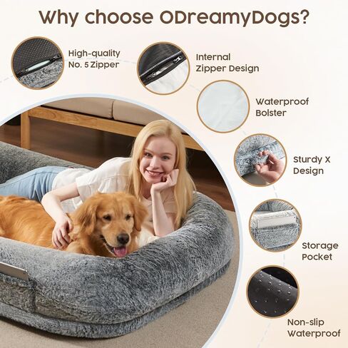 Human Dog Bed for Adult - Human Size Dog Bed for People with 320 GSM Luxurious Fluffy Faux Fur Cover, Giant Dog Bed for Humans Bean Bag Bed with 40D Orthopedic Memory Foam, (Large, Black) in Saudi Arabia