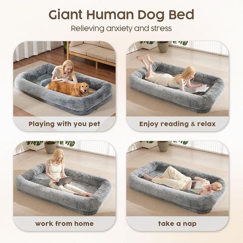 Human Dog Bed for Adult - Human Size Dog Bed for People with 320 GSM Luxurious Fluffy Faux Fur Cover, Giant Dog Bed for Humans Bean Bag Bed with 40D Orthopedic Memory Foam, (Large, Black) in Saudi Arabia