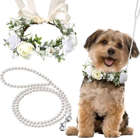 2 Pcs Dog Flower Collar Wedding and Leash Set Pearls for Dogs 120 cm 4 ft Pearls Beaded Dog Leash Dog Collar Bows for Wedding Adjustable for Medium Dogs Floral Collars Pet (Small) in Kuwait