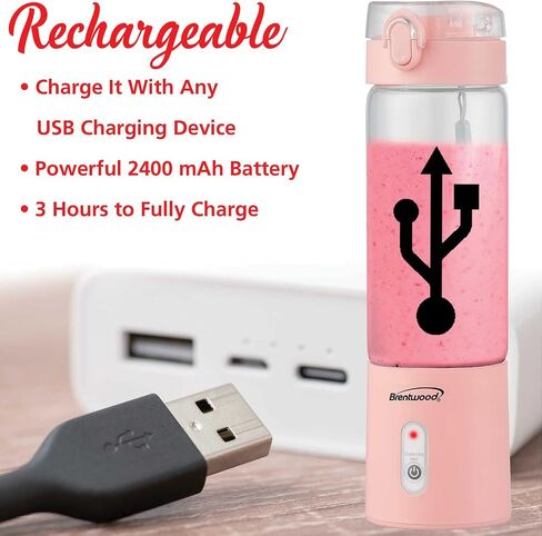 خلاط زجاجي محمول يعمل بالبطارية وقابل للشحن عبر USB من برنتوود RJB-100BK، سعة 17 أونصة، أسود in Kuwait
