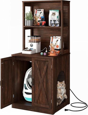 DWVO Large Hidden Litter Box Furniture with Shelves and Charging Station, Wooden Cat Litter Box Enclosure for Self-Cleaning Litter Boxes, Brown Oak in Saudi Arabia