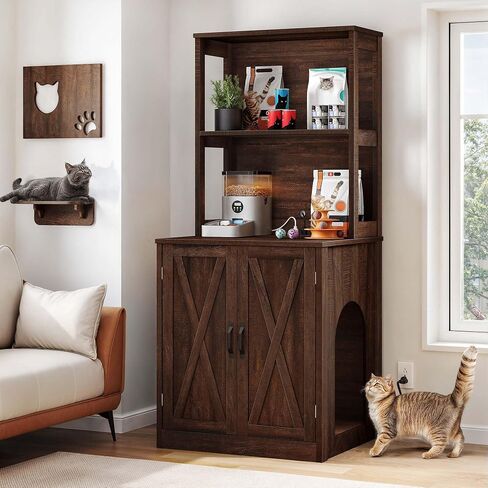 DWVO Large Hidden Litter Box Furniture with Shelves and Charging Station, Wooden Cat Litter Box Enclosure for Self-Cleaning Litter Boxes, Brown Oak in Saudi Arabia