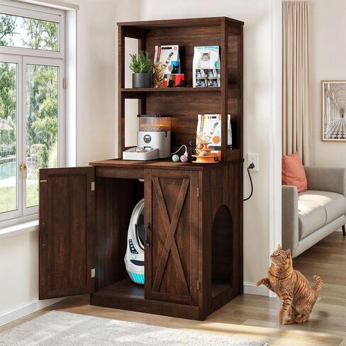 DWVO Large Hidden Litter Box Furniture with Shelves and Charging Station, Wooden Cat Litter Box Enclosure for Self-Cleaning Litter Boxes, Brown Oak in Saudi Arabia
