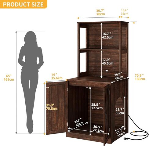 DWVO Large Hidden Litter Box Furniture with Shelves and Charging Station, Wooden Cat Litter Box Enclosure for Self-Cleaning Litter Boxes, Brown Oak in Saudi Arabia