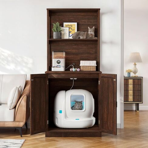 DWVO Large Hidden Litter Box Furniture with Shelves and Charging Station, Wooden Cat Litter Box Enclosure for Self-Cleaning Litter Boxes, Brown Oak in Saudi Arabia