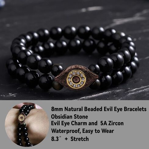 Evil Eye Bracelets - Obsidian Bracelet - Black Tourmaline Bracelet,Evil Eye Protection Bracelet,8MM Black Obsidian Stone Beads,Handmade Stretch Bracelets Crystal Healing Power Energy Gifts for Women in Saudi Arabia