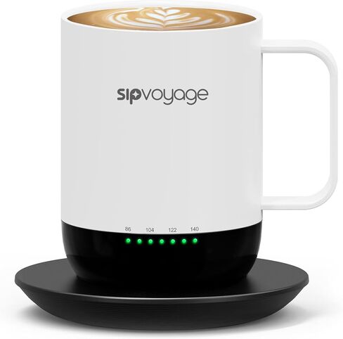 White 14oz IPX Heated Coffee Mug Rechargeable - Two Controls Self Heating Mug with LED Display & Lid, Temperature Control Mug Warmer Wireless, Smart Mug with Spoon, Electric Coffee Mug in Saudi Arabia