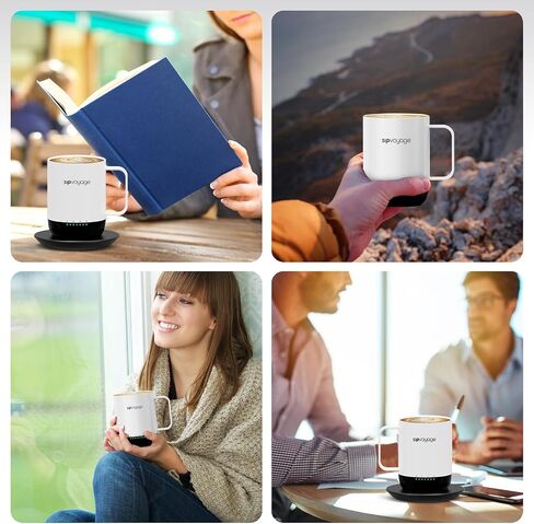 White 14oz IPX Heated Coffee Mug Rechargeable - Two Controls Self Heating Mug with LED Display & Lid, Temperature Control Mug Warmer Wireless, Smart Mug with Spoon, Electric Coffee Mug in Saudi Arabia
