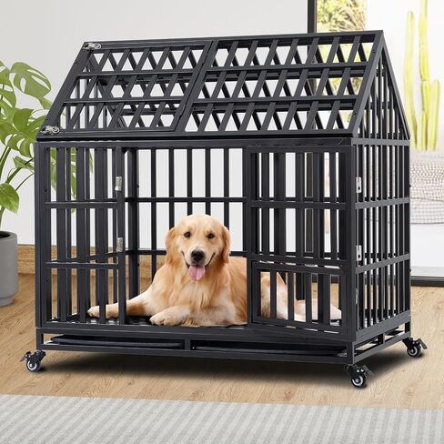 Heavy Duty Dog Crate, Escape Proof Dog Crate for Large/Extra Large Dogs, 52 Inch, Dog Kennel Indoor with Lockable Wheels, Indestructible Dog Crate with Removable Trays, High Anxiety Dog Crate in Saudi Arabia