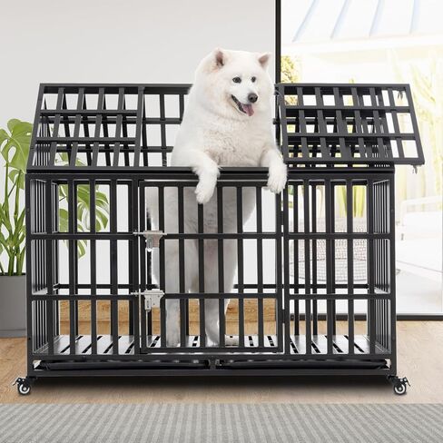 Heavy Duty Dog Crate, Escape Proof Dog Crate for Large/Extra Large Dogs, 52 Inch, Dog Kennel Indoor with Lockable Wheels, Indestructible Dog Crate with Removable Trays, High Anxiety Dog Crate in Saudi Arabia