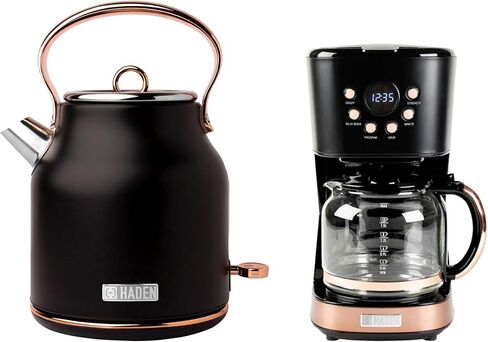 Haden 1.7 Liter Stainless Steel Electric Kettle and 12 Cup Programmable Retro Coffee Maker Machine Kitchen Appliance Set, Black/Copper in Saudi Arabia