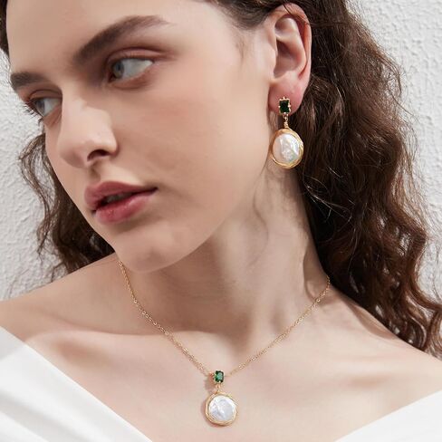 Natural Baroque Freshwater Pearl Dangle Drop Earrings for Women, Wire Wrap Gold Stud Earrings Jewelry with Green Gemstone, Best Gift for Mom Lover Her (14K Gold Plated) in Saudi Arabia