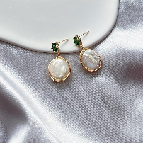 Natural Baroque Freshwater Pearl Dangle Drop Earrings for Women, Wire Wrap Gold Stud Earrings Jewelry with Green Gemstone, Best Gift for Mom Lover Her (14K Gold Plated) in Saudi Arabia