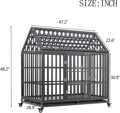 بيت قفص للكلاب شديد التحمل مقاس 47.24 بوصة مع عجلات، شديد القلق وغير قابل للتدمير، تصميم أقفال قوي، قفص داخلي كبير جدًا للكلاب الكبيرة مع سقف ونافذة على السطح in Kuwait