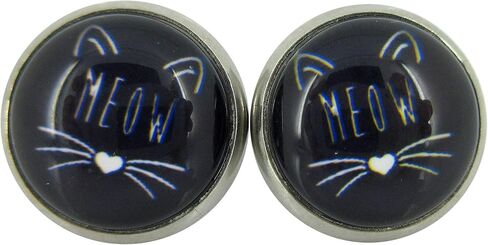 Stainless Steel Cat Lover Printed Glass Stud Earrings 12mm (Meow Cat Face) in Saudi Arabia