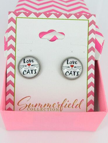 Stainless Steel Cat Lover Printed Glass Stud Earrings 12mm (Meow Cat Face) in Saudi Arabia