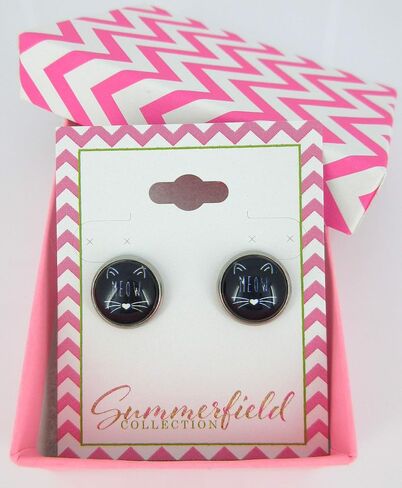 Stainless Steel Cat Lover Printed Glass Stud Earrings 12mm (Meow Cat Face) in Saudi Arabia