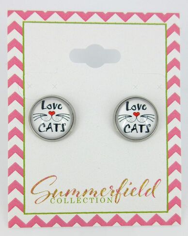 Stainless Steel Cat Lover Printed Glass Stud Earrings 12mm (Meow Cat Face) in Saudi Arabia