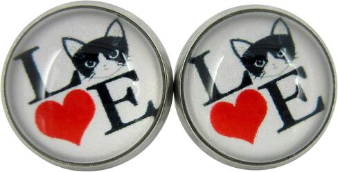 Stainless Steel Cat Lover Printed Glass Stud Earrings 12mm (Meow Cat Face) in Saudi Arabia