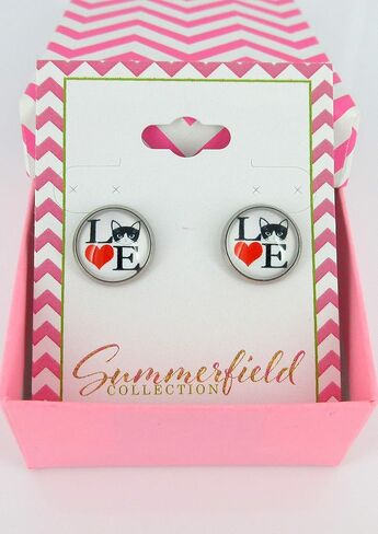 Stainless Steel Cat Lover Printed Glass Stud Earrings 12mm (Meow Cat Face) in Saudi Arabia