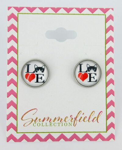 Stainless Steel Cat Lover Printed Glass Stud Earrings 12mm (Meow Cat Face) in Saudi Arabia