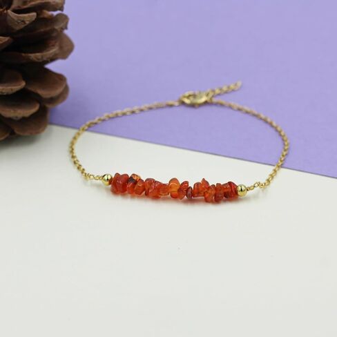 Natural Carnelian Chips Bracelet, Orange Gemstone Bracelet, Minimalist Jewelry, Crystal Carnelian Bracelet, 7 + 1 Inch 14k Yellow Gold Plated Adjustable Chain in Saudi Arabia
