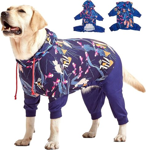 LovinPet Big Pitbull Dog PJS Wound Care/Post Surgery dog clothes, Anxiety Relief Onesies for Dogs, Lightweight stretchy, Large Dog Pjs for Dogs, Reflective Stripe, Fishtopia Seascape Navy Print/XL in Saudi Arabia