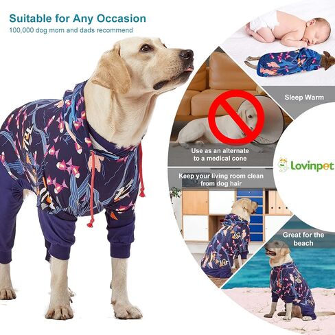 LovinPet Big Pitbull Dog PJS Wound Care/Post Surgery dog clothes, Anxiety Relief Onesies for Dogs, Lightweight stretchy, Large Dog Pjs for Dogs, Reflective Stripe, Fishtopia Seascape Navy Print/XL in Saudi Arabia