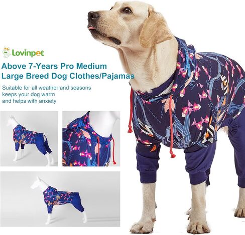 LovinPet Big Pitbull Dog PJS Wound Care/Post Surgery dog clothes, Anxiety Relief Onesies for Dogs, Lightweight stretchy, Large Dog Pjs for Dogs, Reflective Stripe, Fishtopia Seascape Navy Print/XL in Saudi Arabia