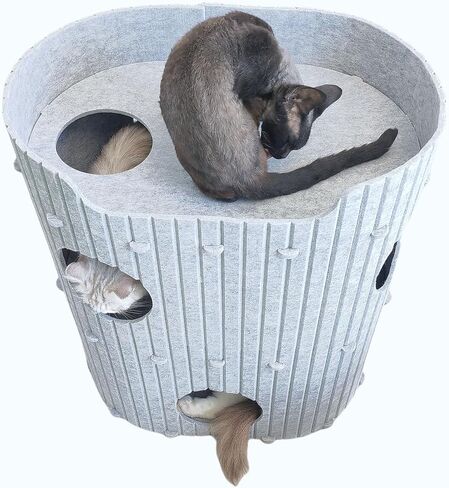 3-Storey Cat Condo for Indoor Cats - Cozy Cat Cave Beds, Pet Cat House for Multiple & Large Cats Up to 22 Lbs, Scratch Resistant Peekaboo Cat Tunnel, Cat Hideaway, 24" x16" x29", Light Gray in Kuwait